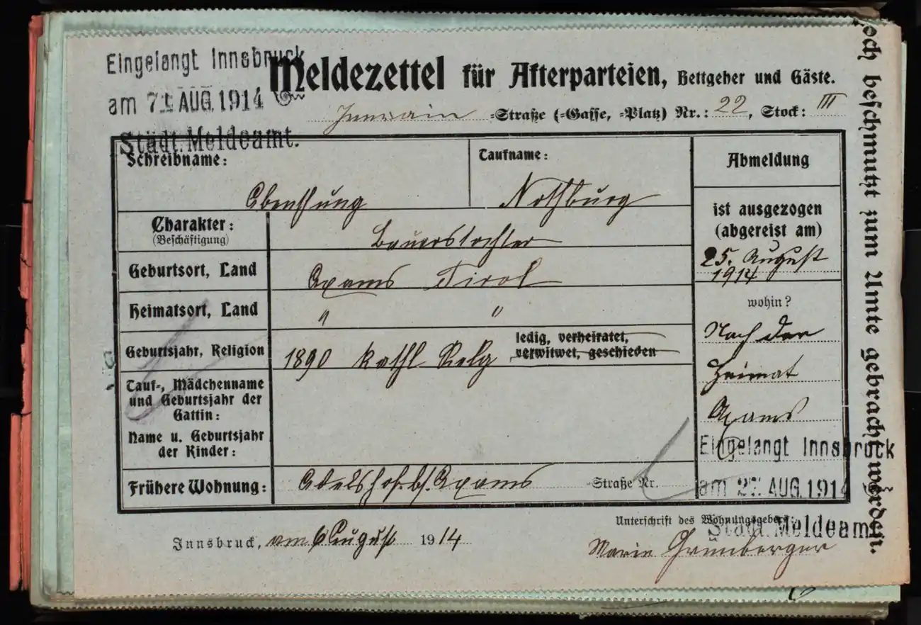 Meldezettel 0216, Vorderseite