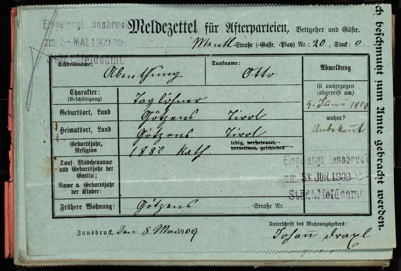 Meldezettel 0217, Vorderseite