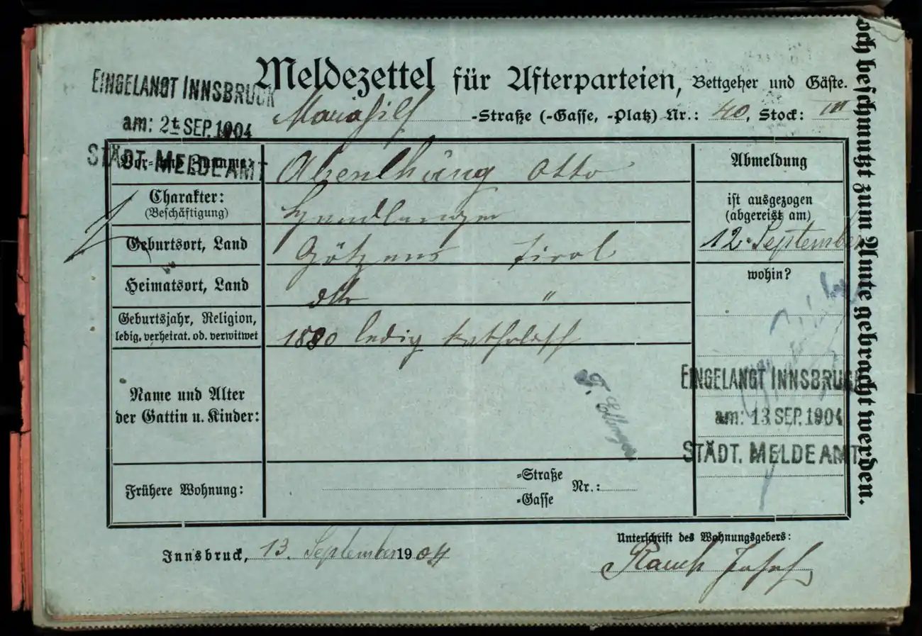 Meldezettel 0218, Vorderseite