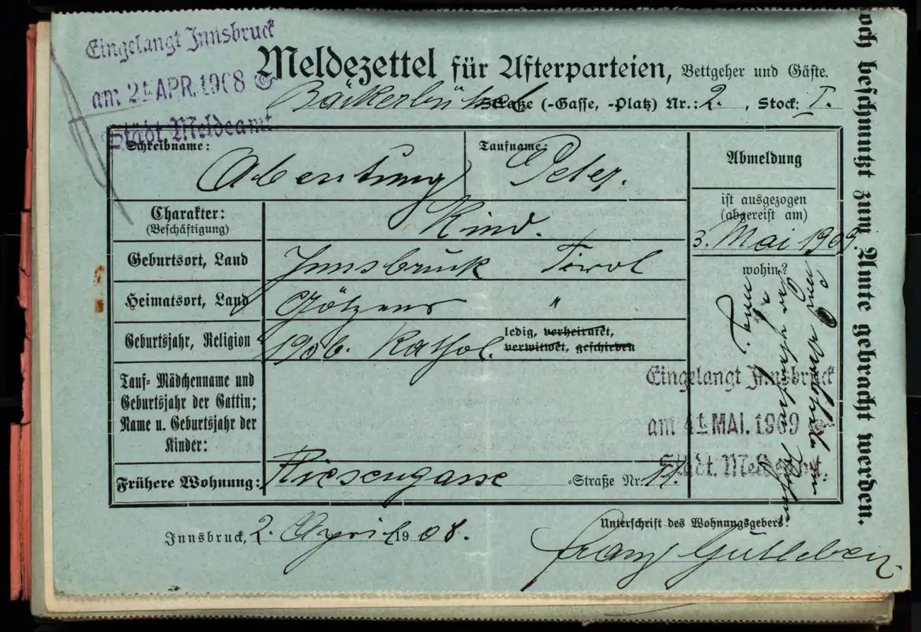 Meldezettel 0219, Vorderseite