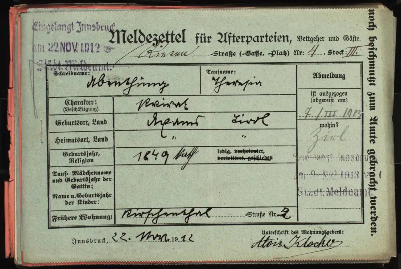Meldezettel 0222, Vorderseite