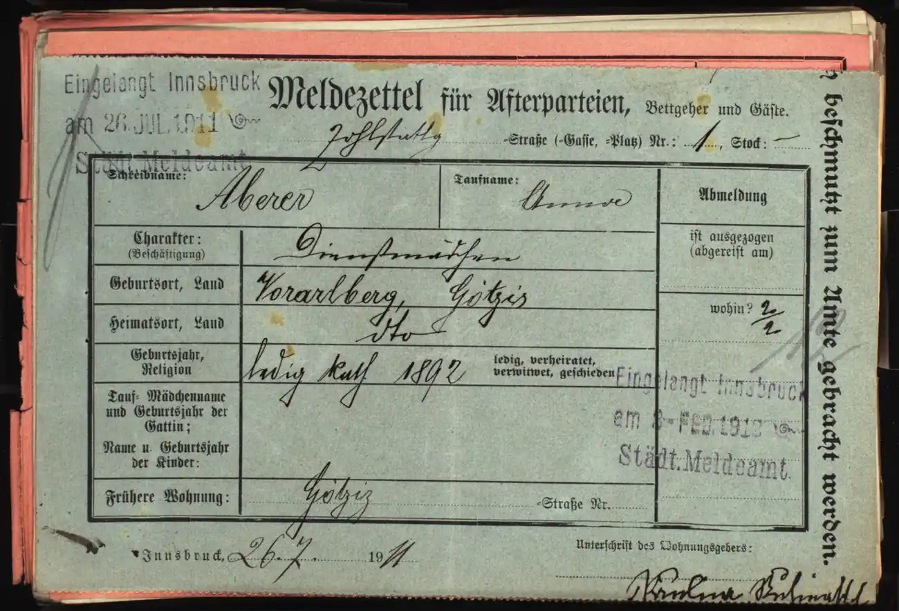 Meldezettel 0227, Vorderseite
