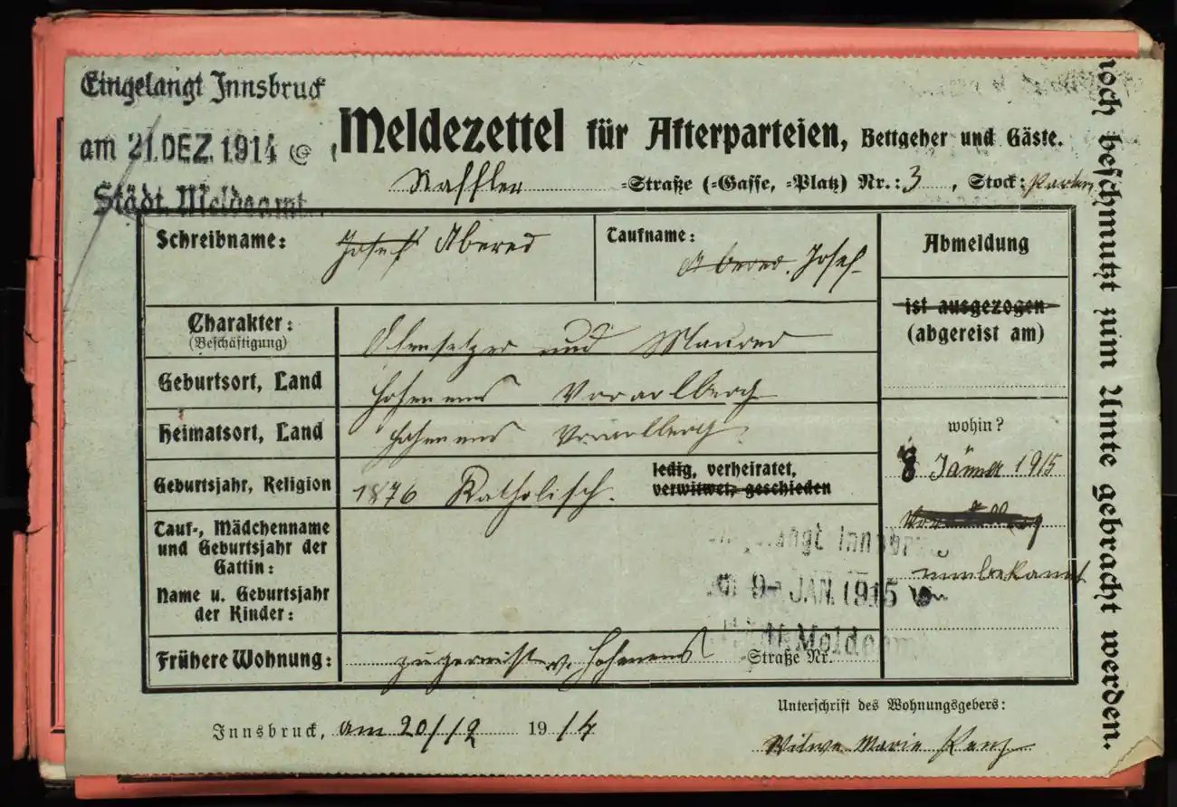 Meldezettel 0235, Vorderseite