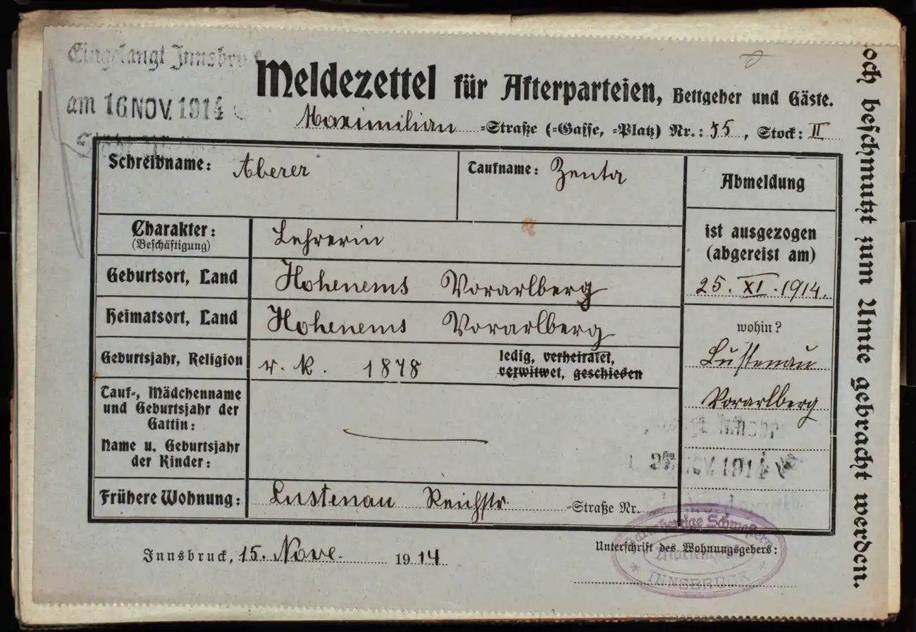 Meldezettel 0239, Vorderseite