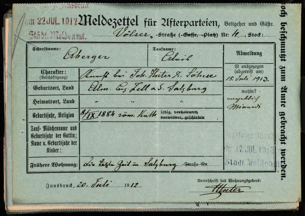 Meldezettel 0244, Vorderseite