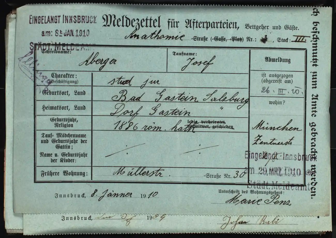 Meldezettel 0252, Vorderseite