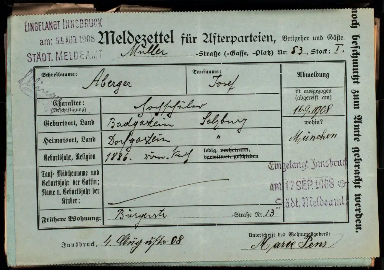 Meldezettel 0256, Vorderseite