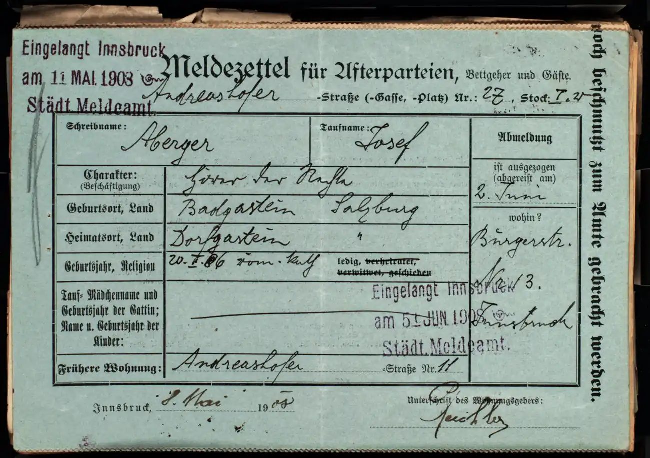Meldezettel 0258, Vorderseite