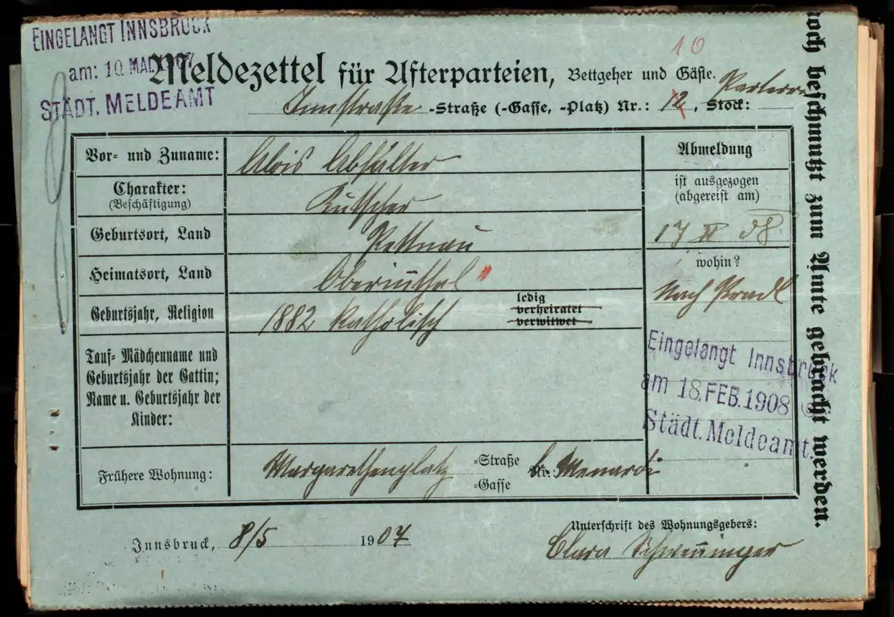 Meldezettel 0278, Vorderseite
