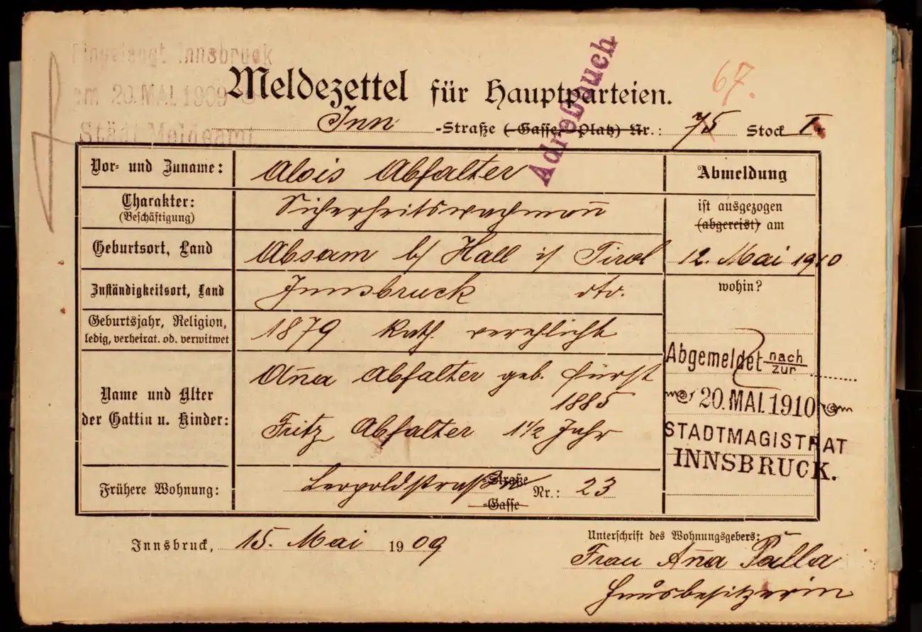 Meldezettel 0283, Vorderseite