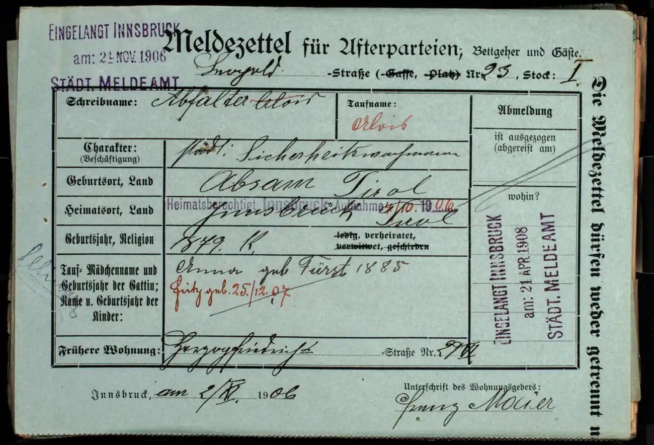 Meldezettel 0285, Vorderseite