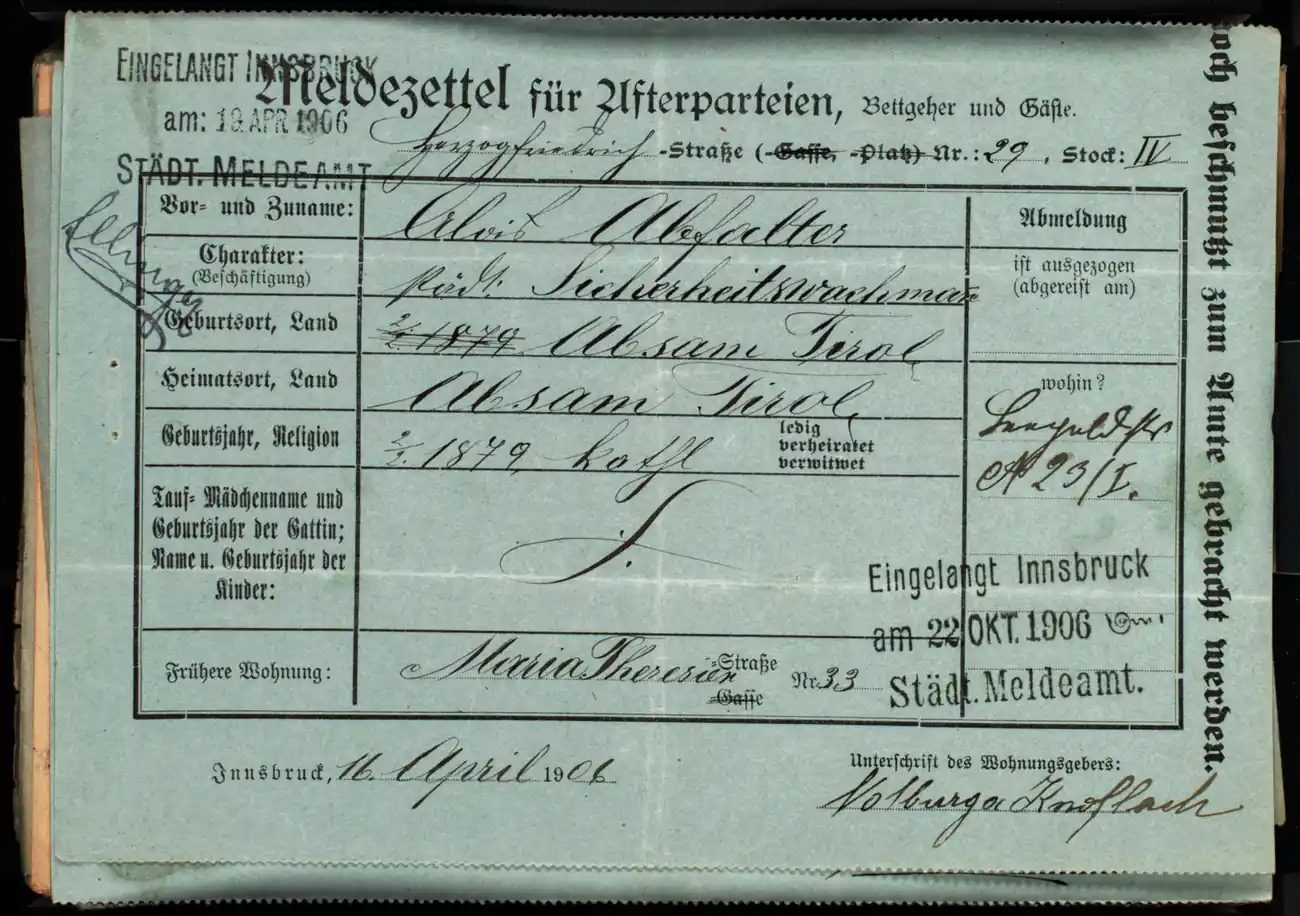 Meldezettel 0286, Vorderseite