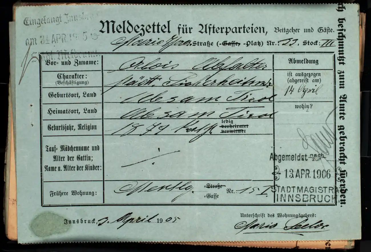 Meldezettel 0287, Vorderseite