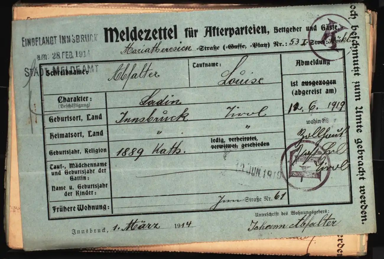 Meldezettel 0288, Vorderseite