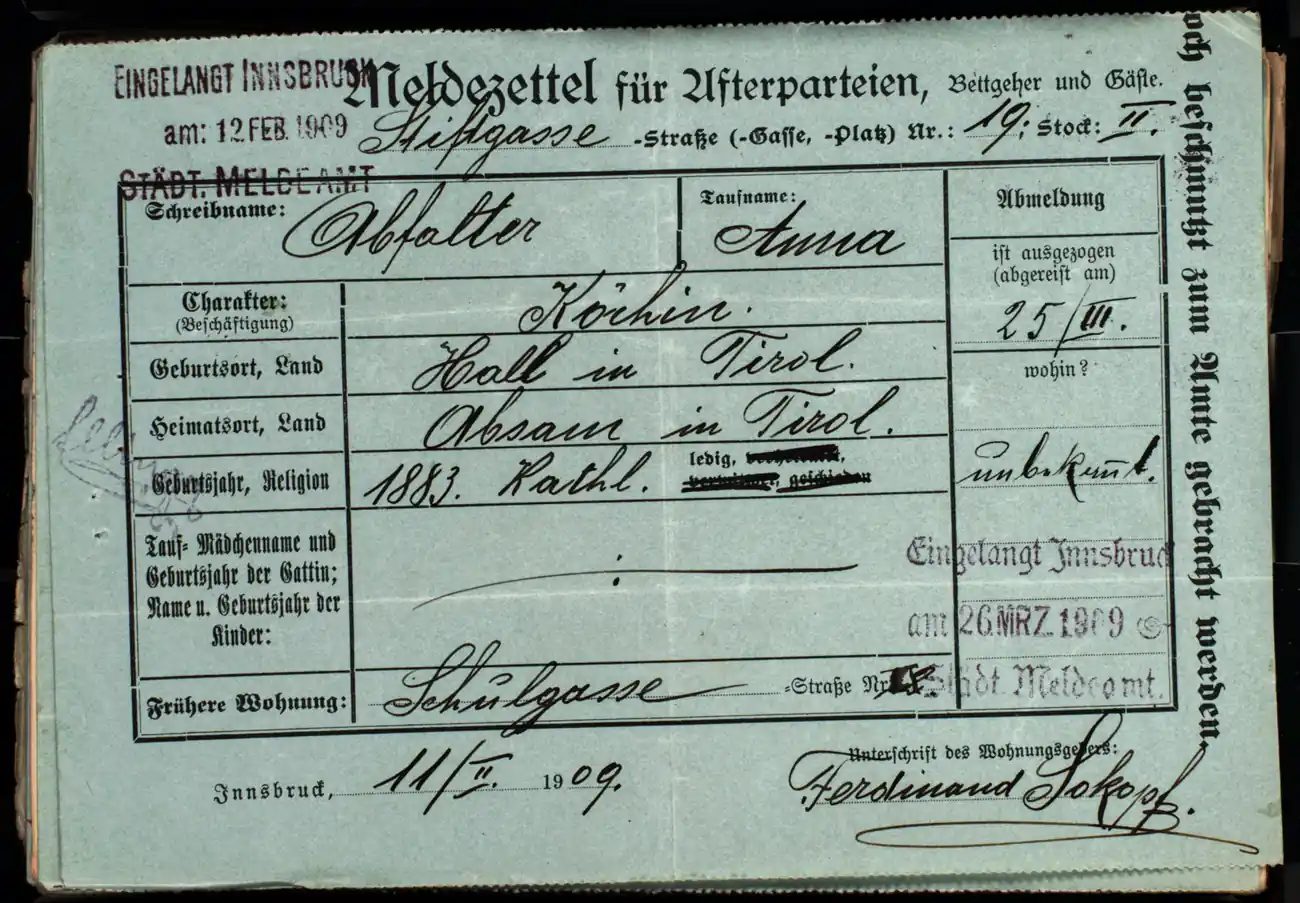 Meldezettel 0313, Vorderseite
