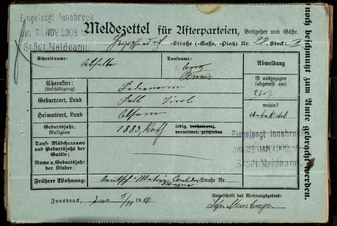 Meldezettel 0314, Vorderseite