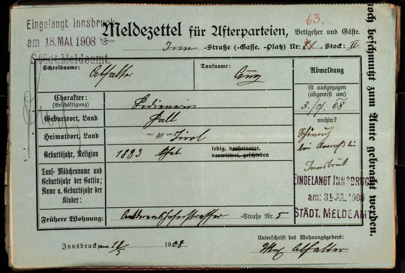 Meldezettel 0315, Vorderseite