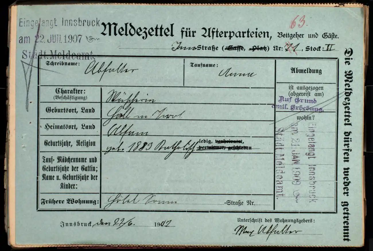 Meldezettel 0316, Vorderseite
