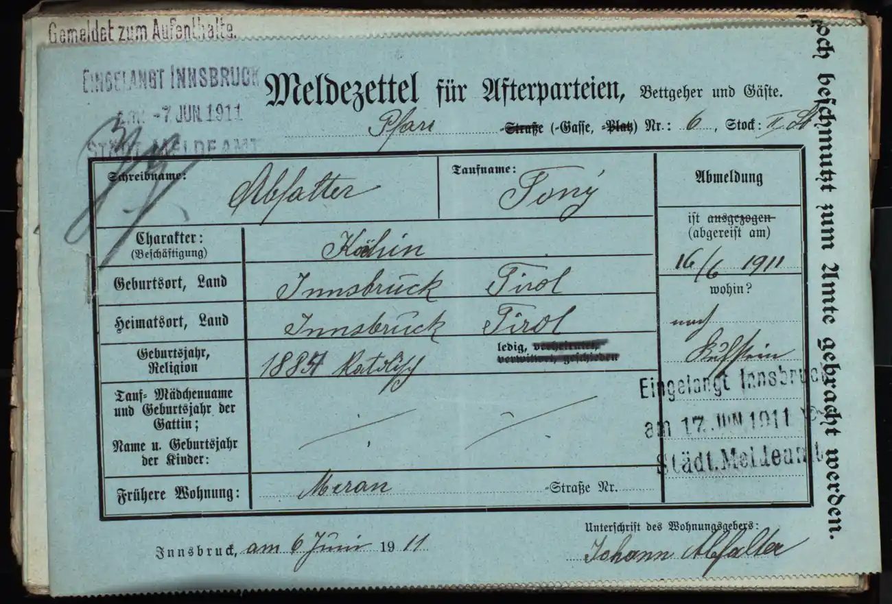 Meldezettel 0322, Vorderseite