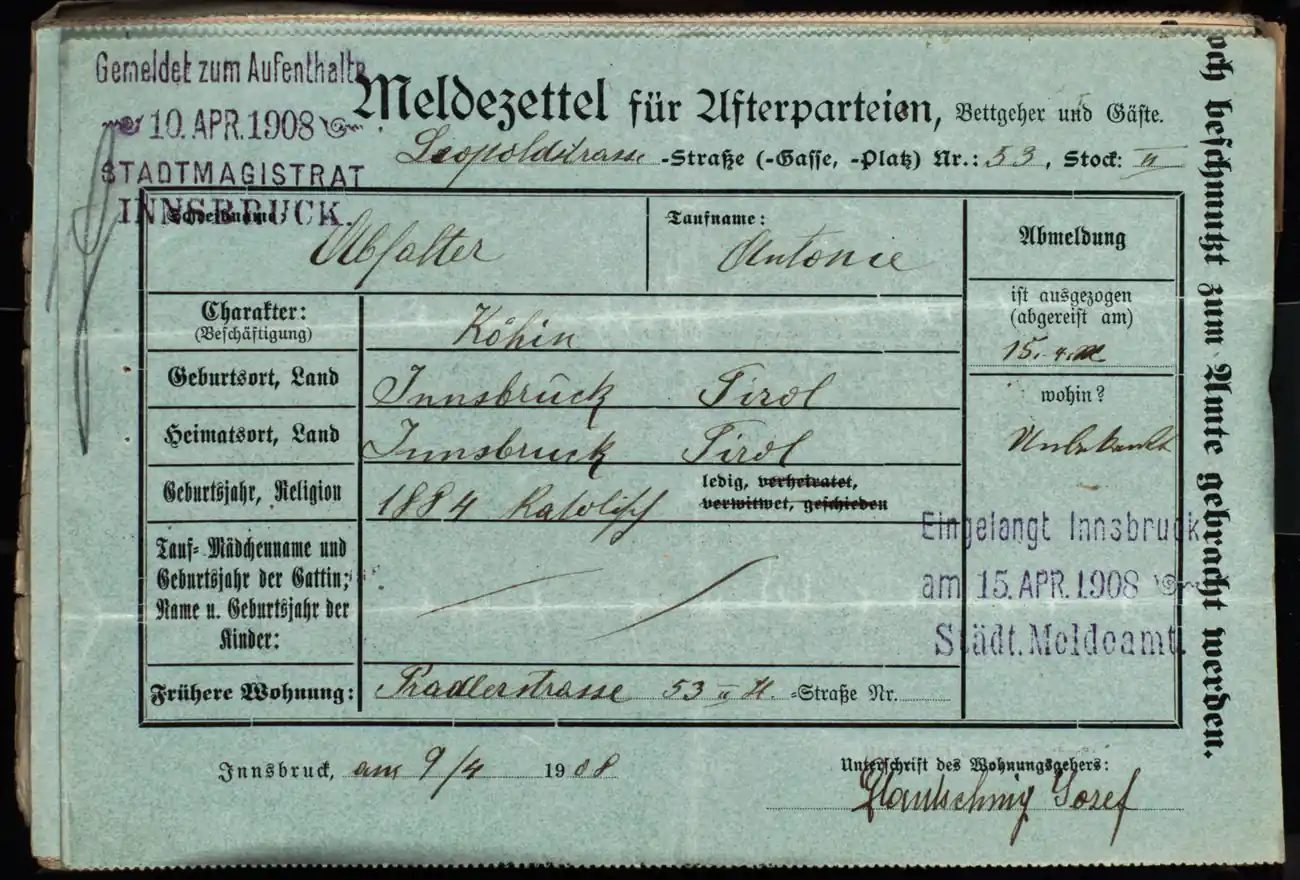 Meldezettel 0324, Vorderseite