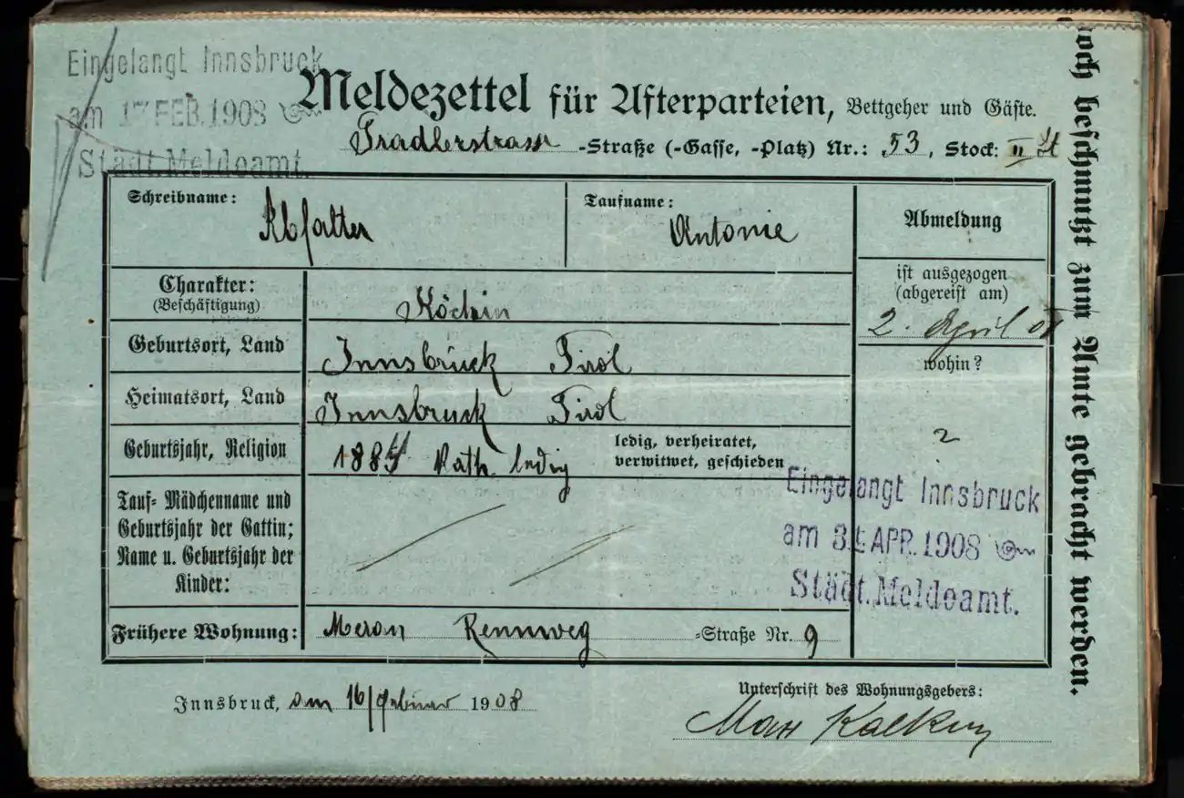 Meldezettel 0325, Vorderseite