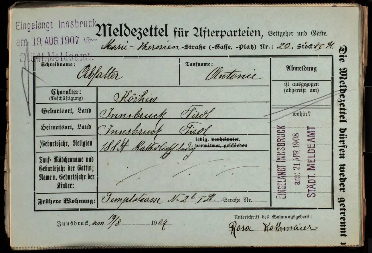 Meldezettel 0326, Vorderseite