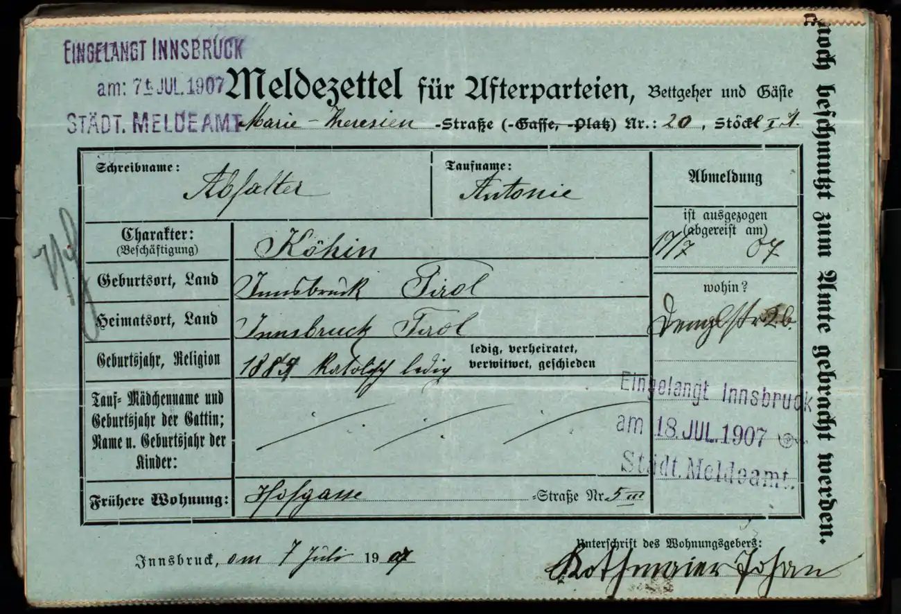 Meldezettel 0328, Vorderseite