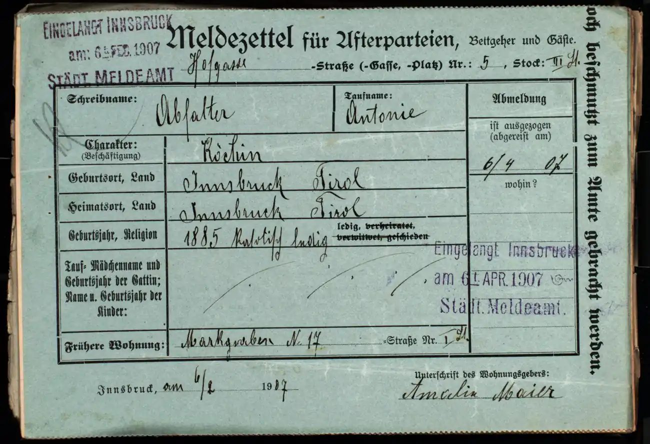 Meldezettel 0330, Vorderseite