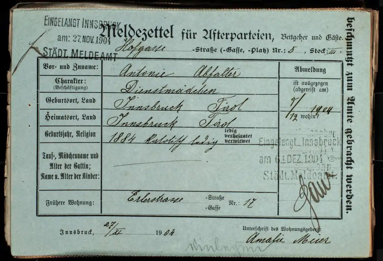 Meldezettel 0339, Vorderseite
