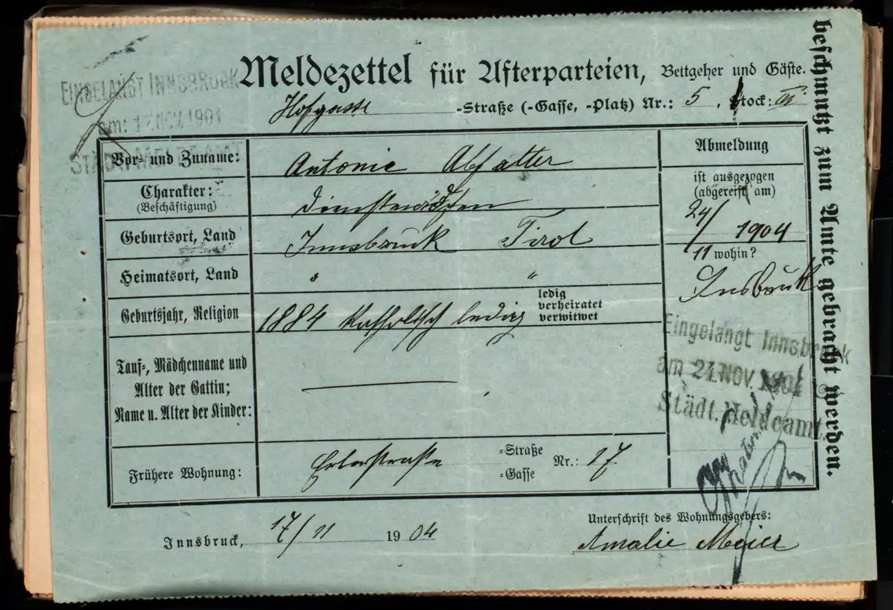 Meldezettel 0340, Vorderseite