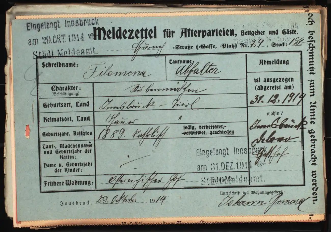 Meldezettel 0352, Vorderseite