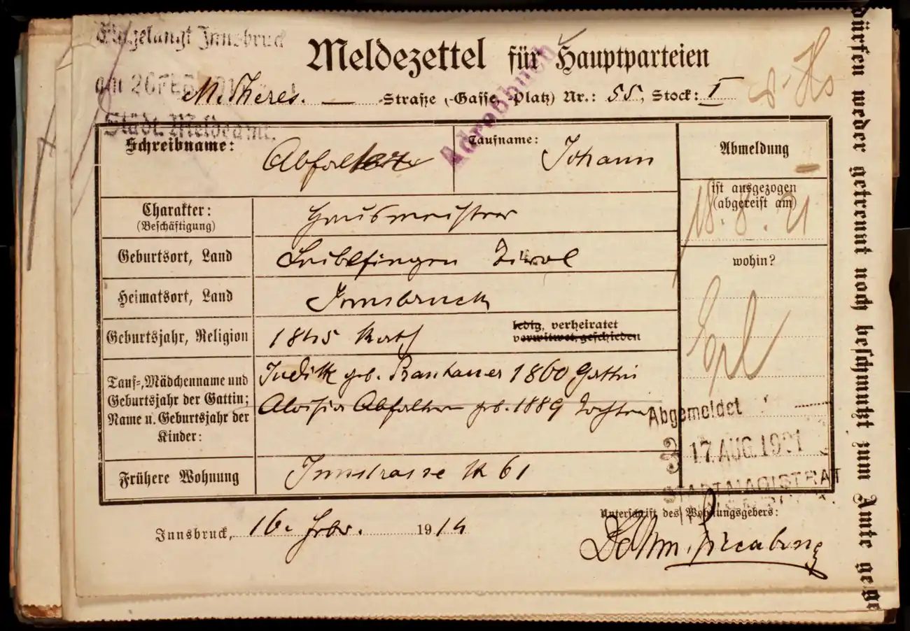 Meldezettel 0360, Vorderseite