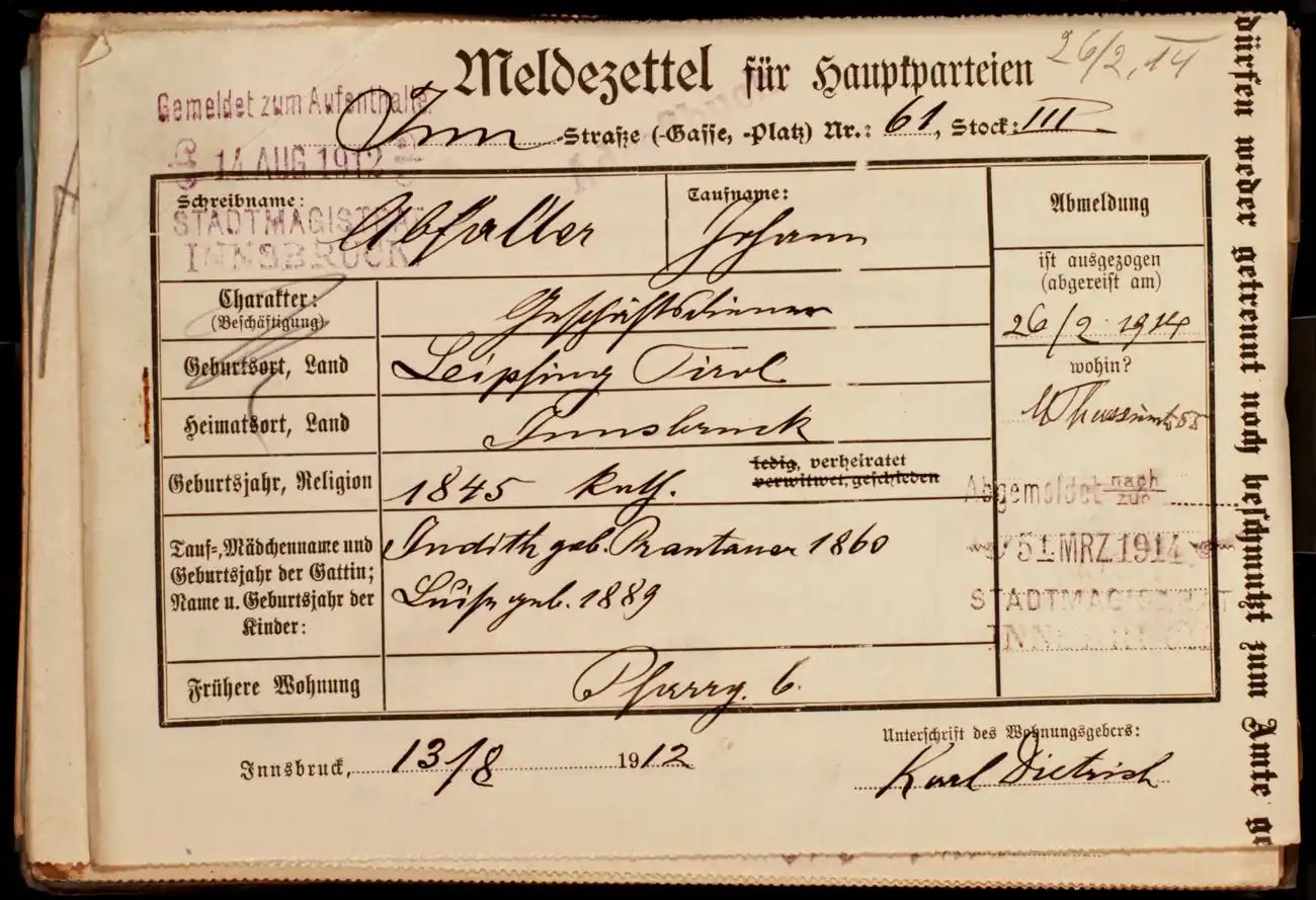Meldezettel 0361, Vorderseite