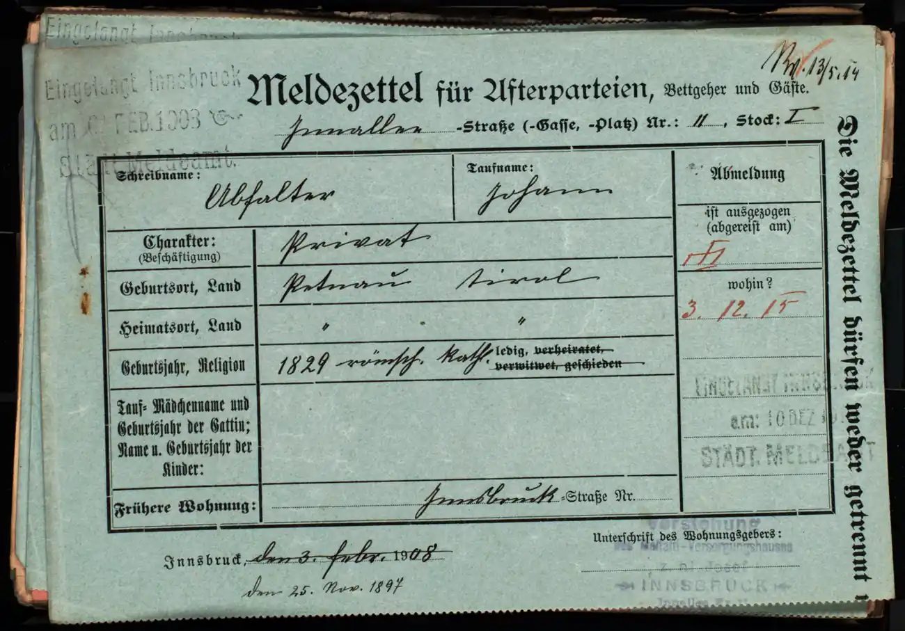 Meldezettel 0365, Vorderseite