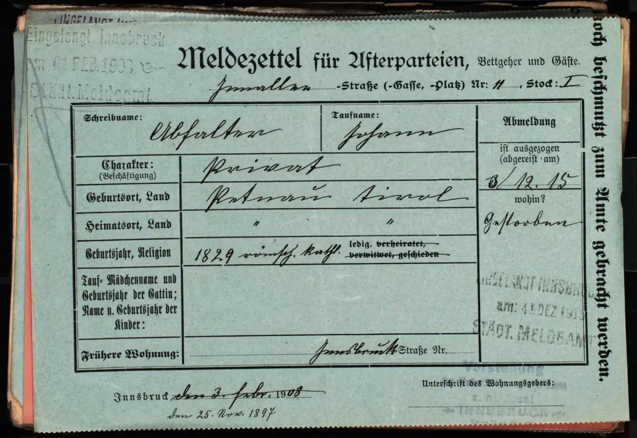 Meldezettel 0366, Vorderseite