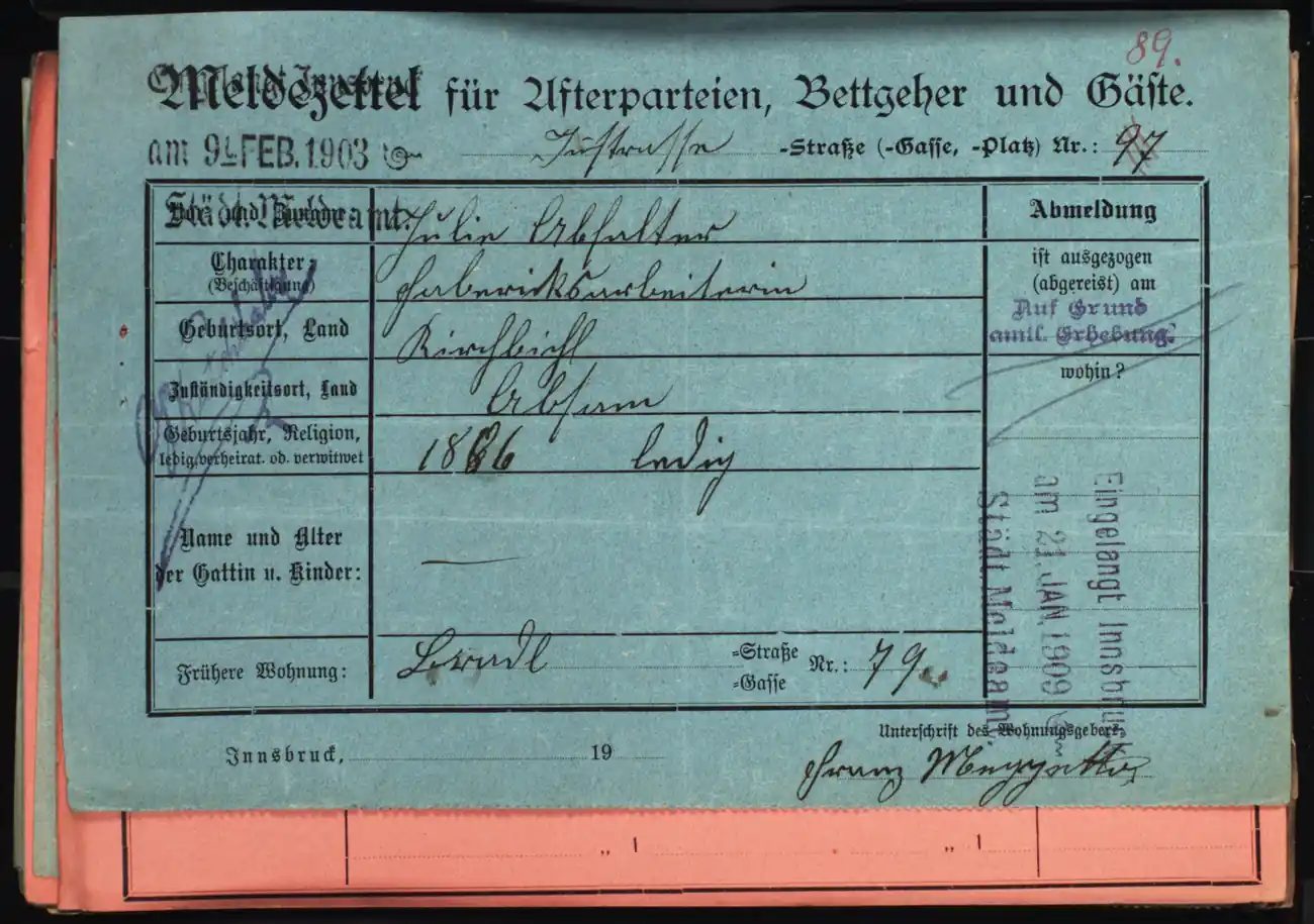 Meldezettel 0382, Vorderseite