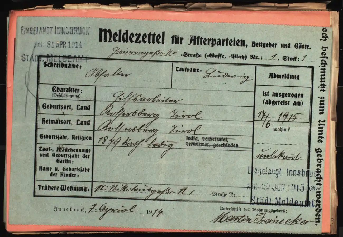 Meldezettel 0384, Vorderseite
