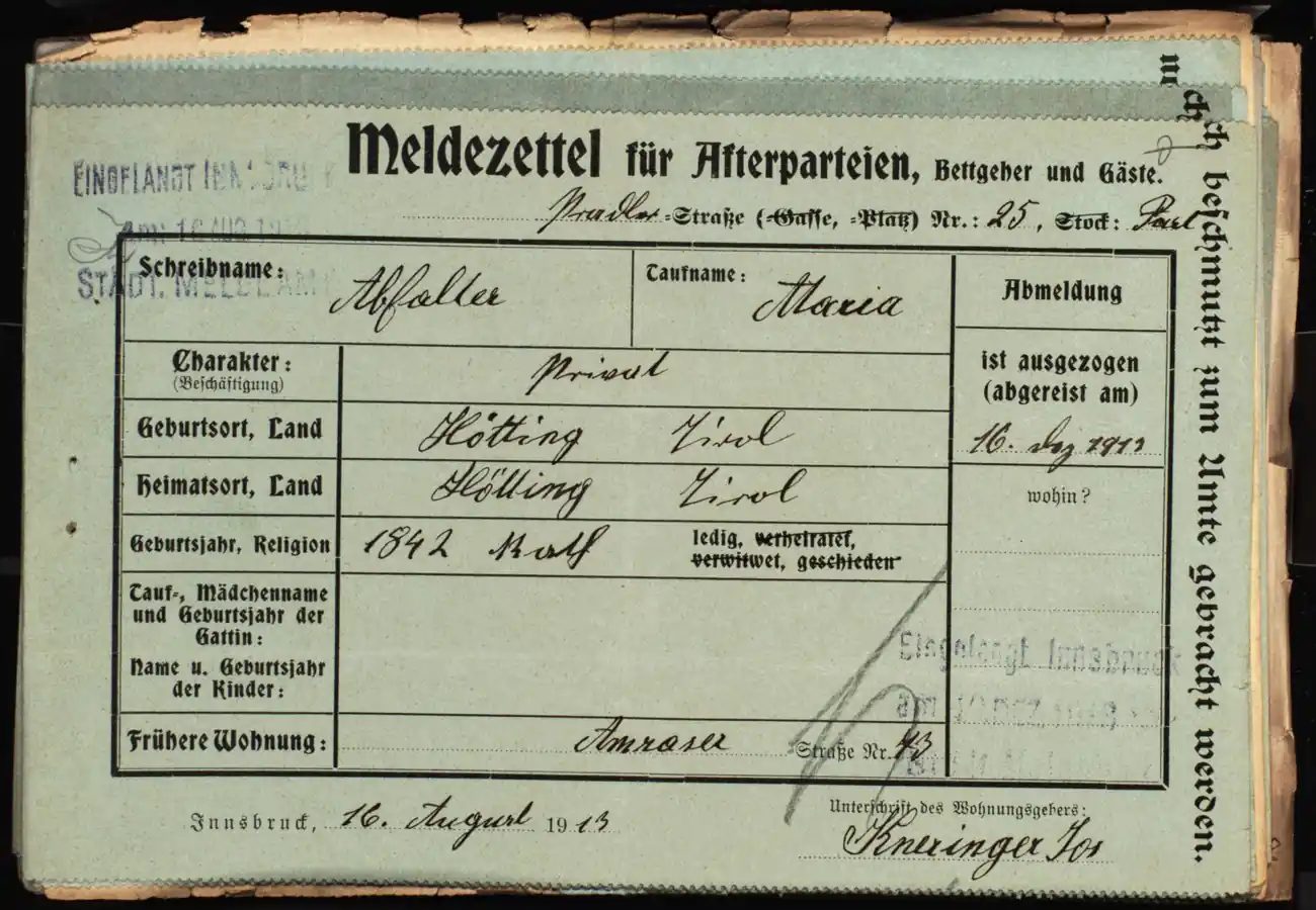 Meldezettel 0387, Vorderseite