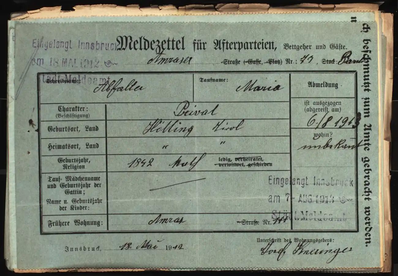 Meldezettel 0388, Vorderseite