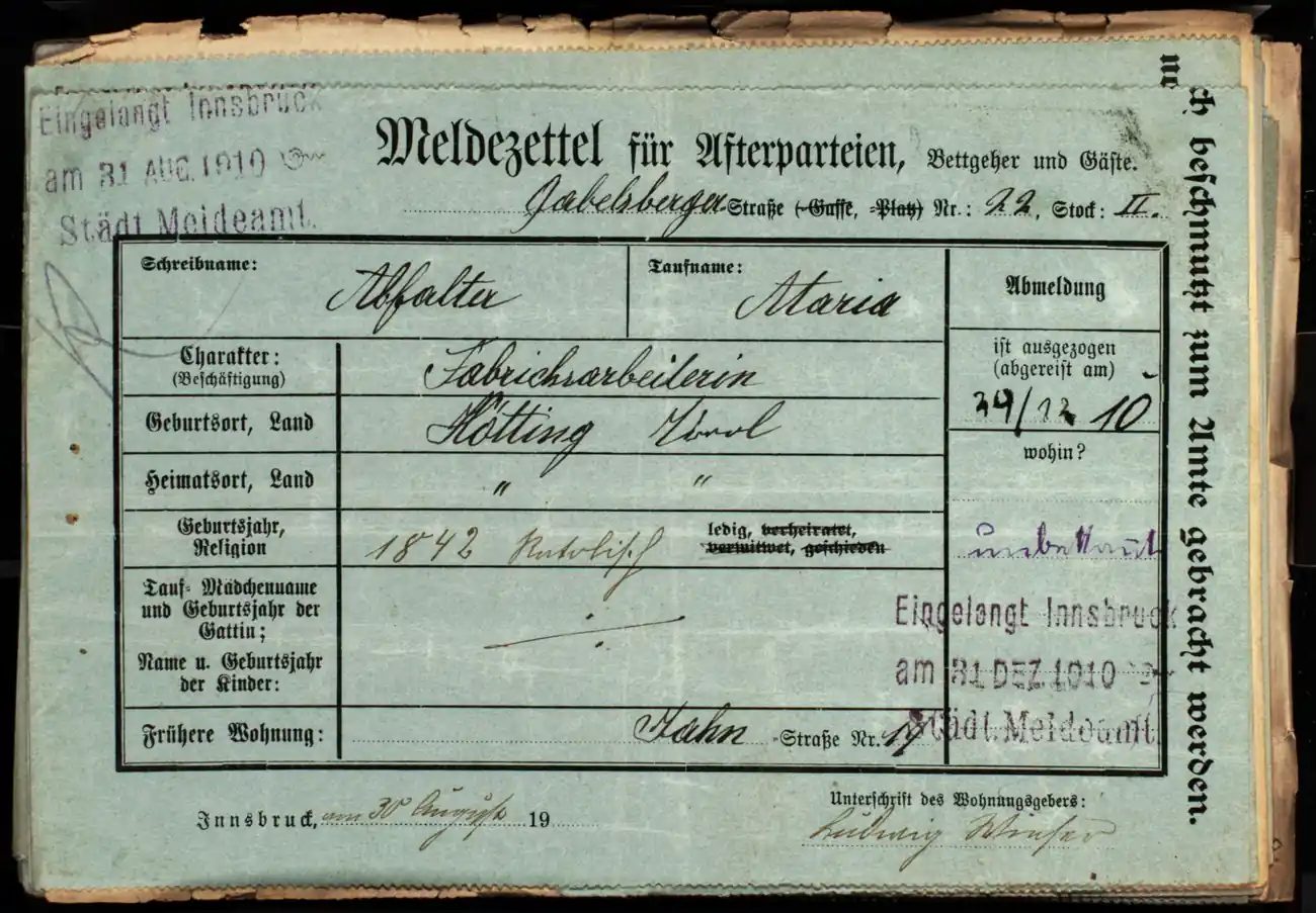 Meldezettel 0389, Vorderseite