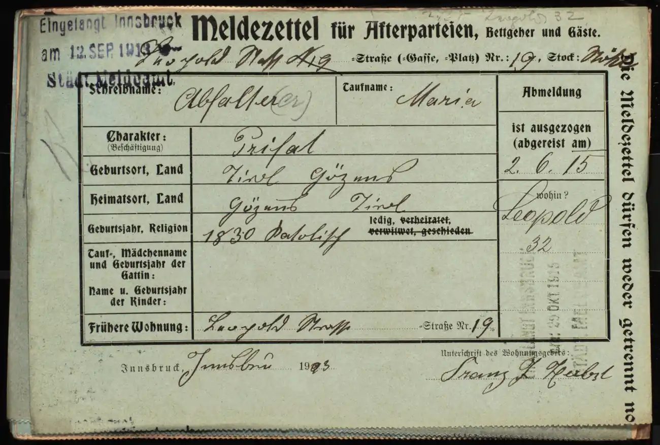 Meldezettel 0394, Vorderseite