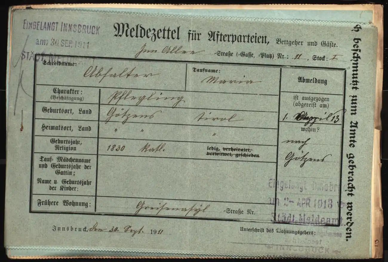 Meldezettel 0395, Vorderseite