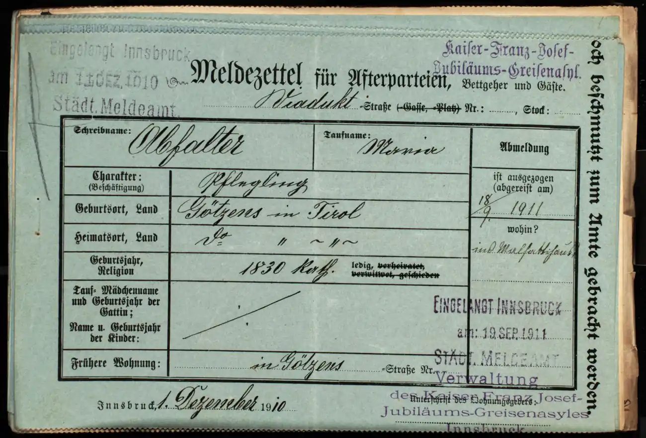 Meldezettel 0396, Vorderseite