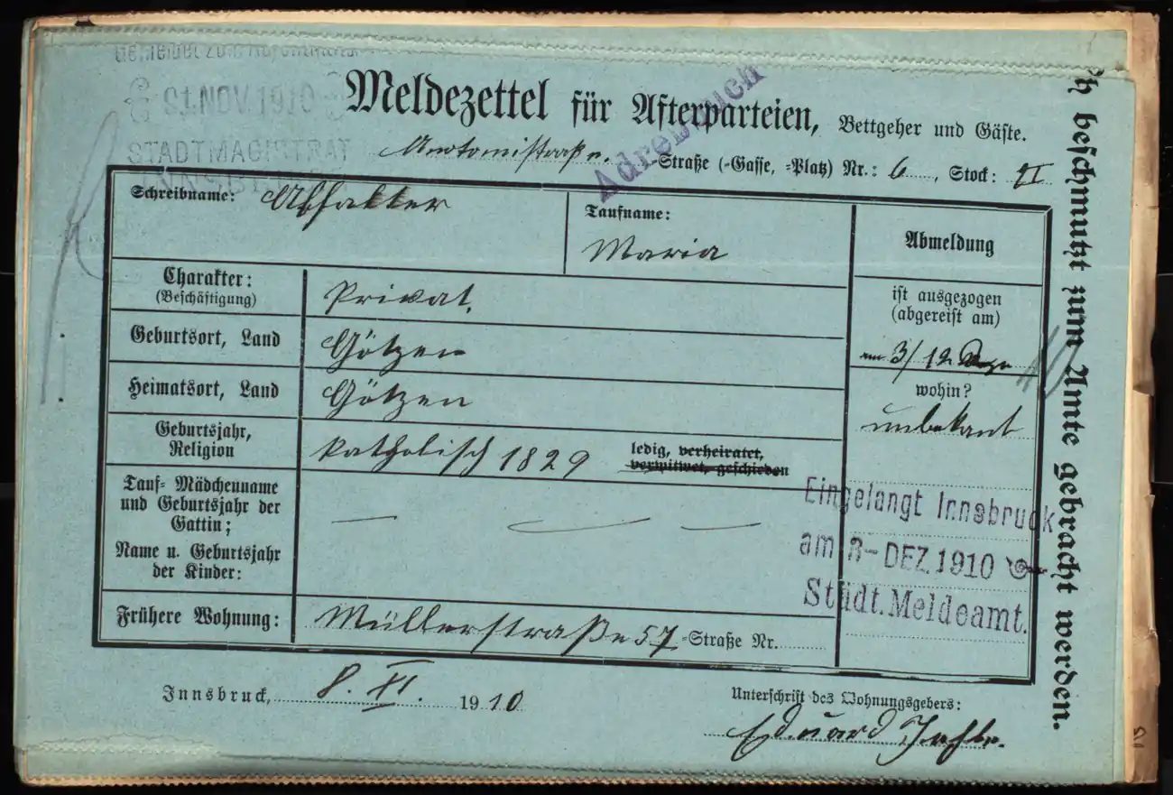 Meldezettel 0397, Vorderseite