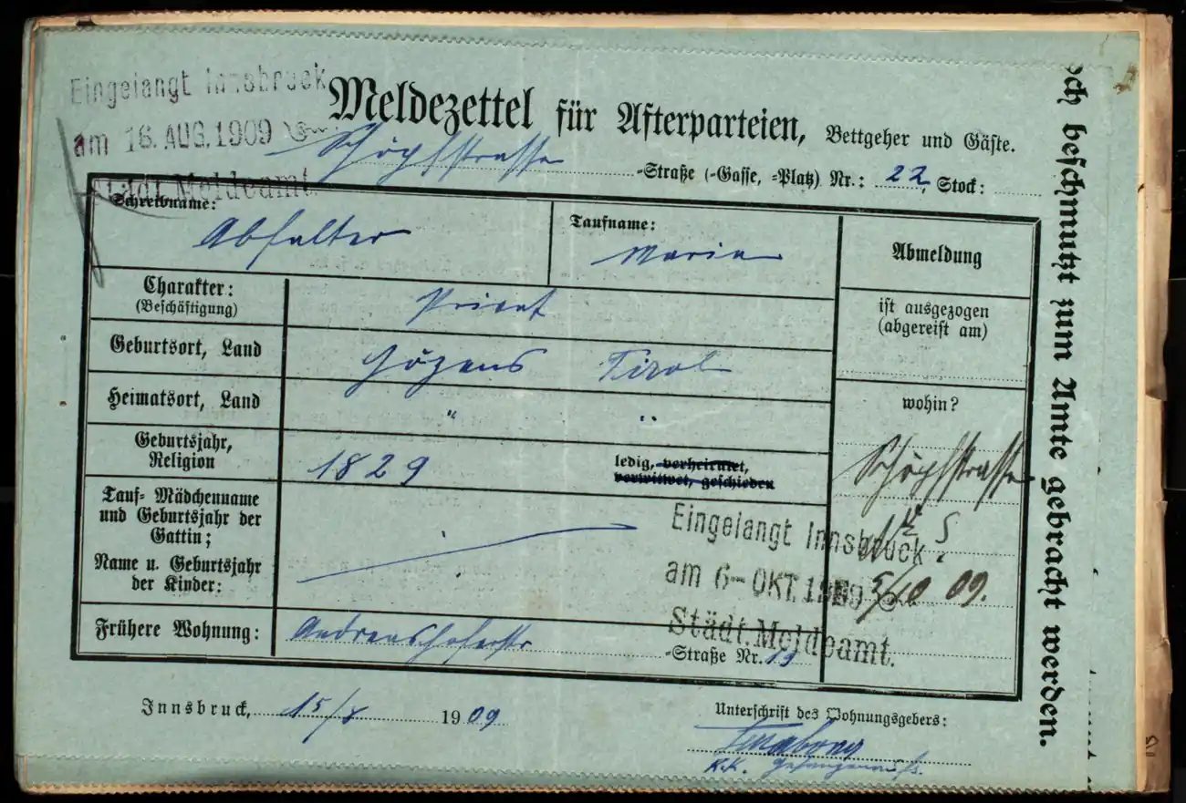 Meldezettel 0399, Vorderseite