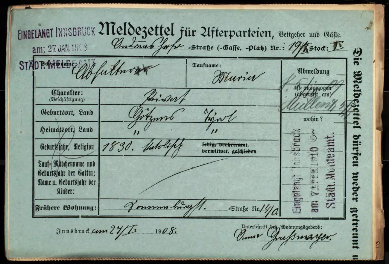 Meldezettel 0400, Vorderseite