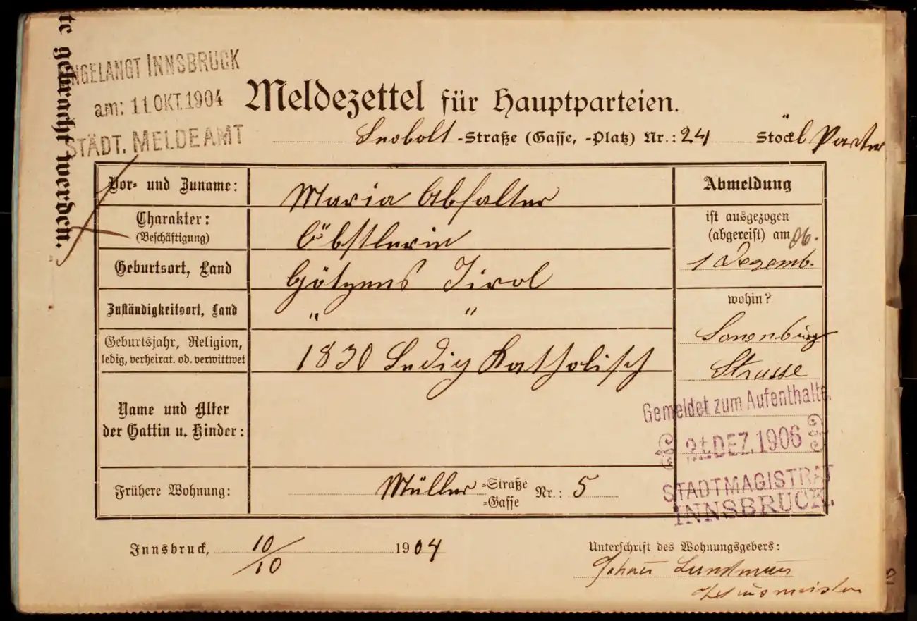 Meldezettel 0401, Vorderseite