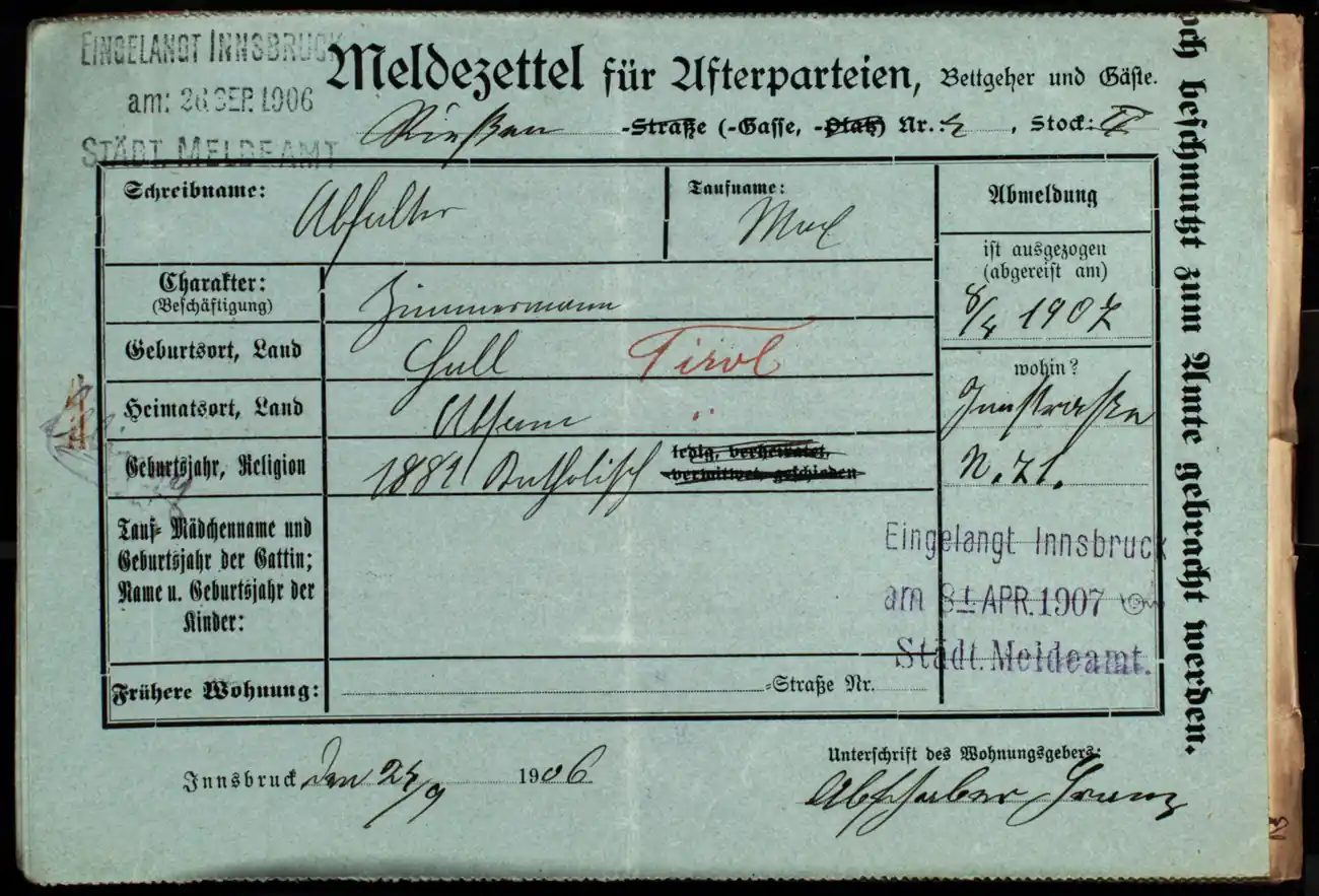 Meldezettel 0403, Vorderseite