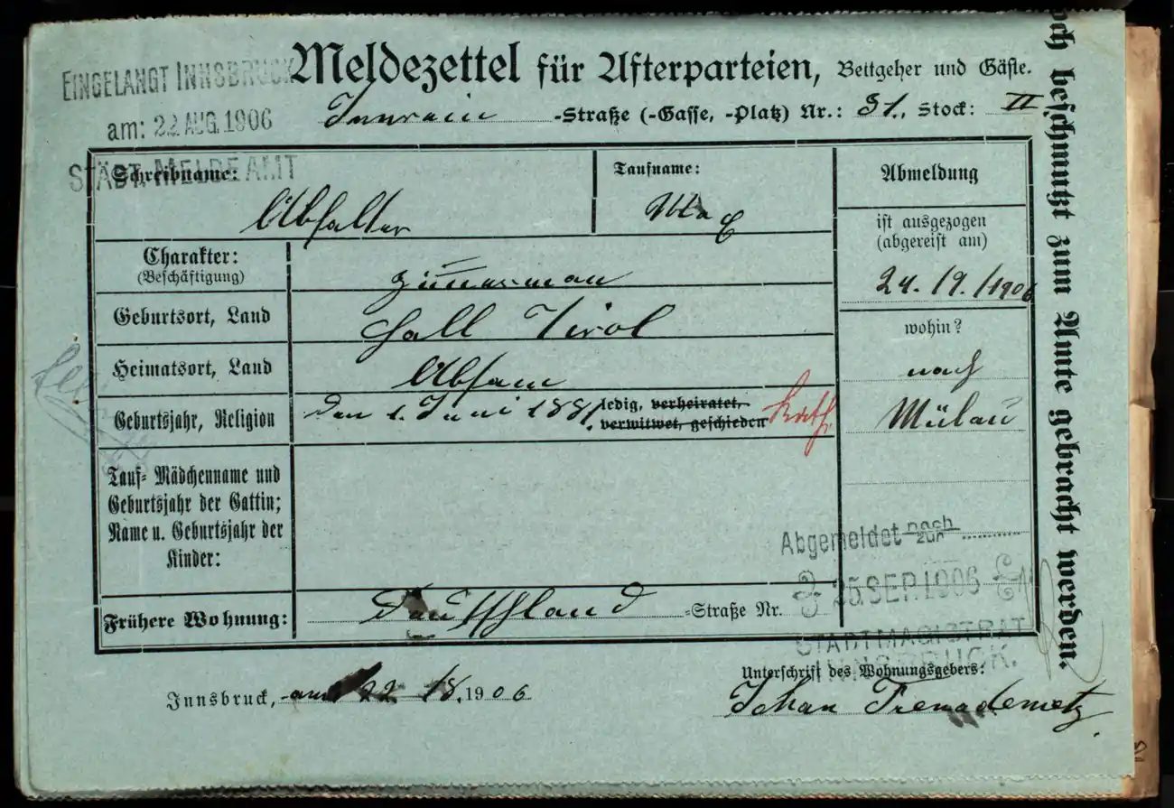 Meldezettel 0404, Vorderseite
