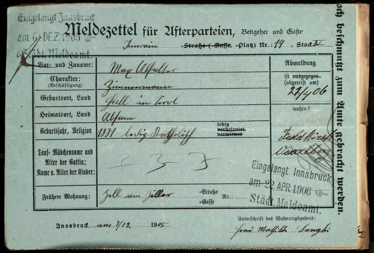 Meldezettel 0405, Vorderseite